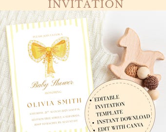Editable Yellow Bow & Stripes Baby Shower Invitation, Gender Neutral Baby Shower Invite, Butter Yellow Bow Baby Shower Card