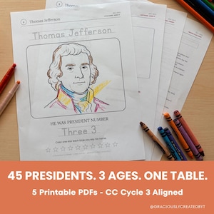 May include: A white educational worksheet featuring a line drawing of Thomas Jefferson with partial coloring in yellow, blue, and red. The page includes the text Thomas Jefferson, He was president number Three, and a row of ten empty star outlines.