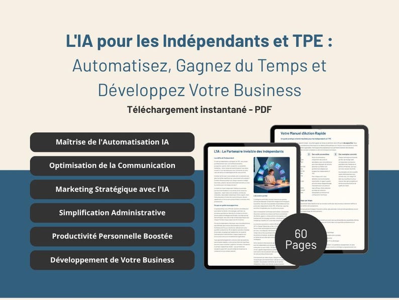 Peut inclure: Guide de marketing num&eacute;rique pour les petites entreprises et les entrepreneurs. L'image montre deux tablettes affichant un document PDF intitul&eacute; "L'IA pour les Ind&eacute;pendants et TPE". Le document couvre des sujets tels que l'automatisation, la communication et le d&eacute;veloppement des affaires. Le guide compte 60 pages.