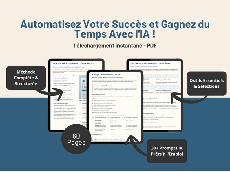 Peut inclure: Publicit&eacute; pour des outils d'IA pour le succ&egrave;s et le gain de temps. L'image pr&eacute;sente trois tablettes affichant des documents. L'annonce met en avant une m&eacute;thode compl&egrave;te, des outils essentiels et plus de 30 invites pr&ecirc;tes &agrave; l'emploi.