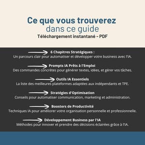 Peut inclure: Un guide num&eacute;rique intitul&eacute; "Ce que vous trouverez dans ce guide" en bleu. Le guide aborde des sujets tels que les chapitres strat&eacute;giques, les invites d'IA, les outils essentiels, les strat&eacute;gies d'optimisation et le d&eacute;veloppement commercial.