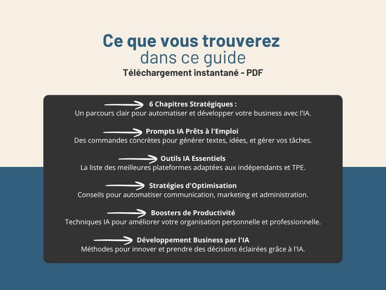 Peut inclure: Un guide num&eacute;rique intitul&eacute; "Ce que vous trouverez dans ce guide" en bleu. Le guide aborde des sujets tels que les chapitres strat&eacute;giques, les invites d'IA, les outils essentiels, les strat&eacute;gies d'optimisation et le d&eacute;veloppement commercial.