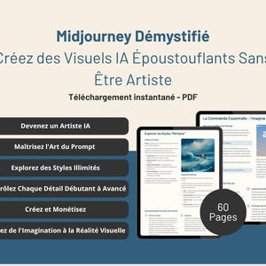 Peut inclure: Publicité pour un produit numérique intitulé "Midjourney Démystifié". L'image présente deux tablettes affichant du contenu, dont une peinture d'un bateau sur la mer. Le texte comprend "Créez des Visuels IA Époustouflants Sans Être Artiste" et "60 Pages".