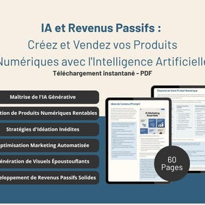 Pode incluir: Imagem de um guia de criação de produtos digitais intitulado "IA et Revenus Passifs" em francês. Dois tablets exibem conteúdo, incluindo "Al Marketing Essentials" e "60 Páginas". O guia aborda IA, produtos digitais e renda passiva.
