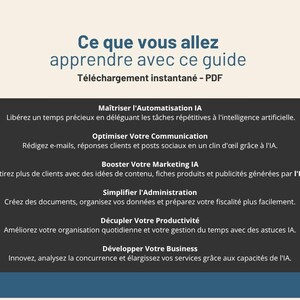 Peut inclure: Un guide num&eacute;rique intitul&eacute; "Ce que vous allez apprendre avec ce guide" en bleu et blanc. Le guide, disponible en PDF, aborde l'automatisation, la communication, le marketing, l'administration, la productivit&eacute; et le d&eacute;veloppement commercial via l'IA.