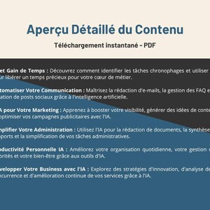 Peut inclure: Un document PDF intitul&eacute; &laquo; Aper&ccedil;u d&eacute;taill&eacute; du contenu &raquo; avec du texte sur l'utilisation de l'IA pour la gestion du temps, le marketing, la communication et le d&eacute;veloppement des affaires. Le document est sur un fond bleu et beige.