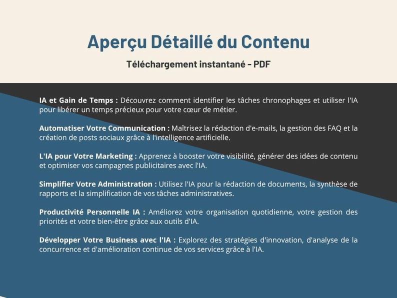 Peut inclure: Un document PDF intitul&eacute; &laquo; Aper&ccedil;u d&eacute;taill&eacute; du contenu &raquo; avec du texte sur l'utilisation de l'IA pour la gestion du temps, le marketing, la communication et le d&eacute;veloppement des affaires. Le document est sur un fond bleu et beige.