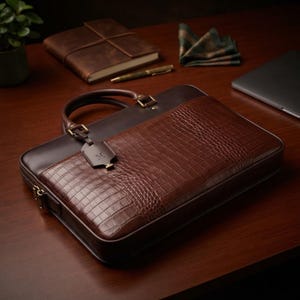 May include: A brown leather briefcase featuring a textured crocodile-embossed front panel, smooth leather trim, a top handle, and a small hanging luggage tag with a logo. The bag includes a metal zipper closure and gold-toned hardware accents.
