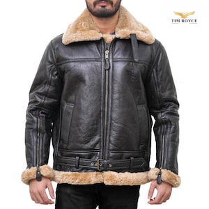 Men&#39;s B3 RAF Bomber Jacket | Real Shearling Aviator Coat | Ginger Brown Flight Jacket | Winter Leather Pilot Jacket