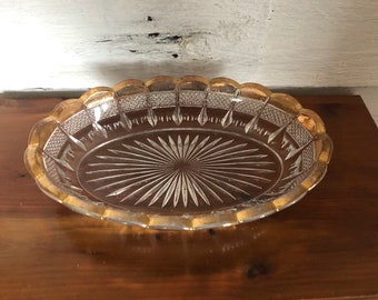 Plat ovale en verre pressé avec liseré doré - Petit porte-objets vintage - Anneau plat
