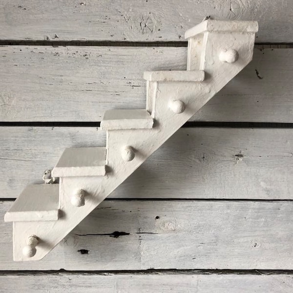 Vintage Stairway To Heaven Trinket Shelf Staircase Look w/ 5 Small Ledges Solid Wood with old white paint Stairway to Heaven wall shelf