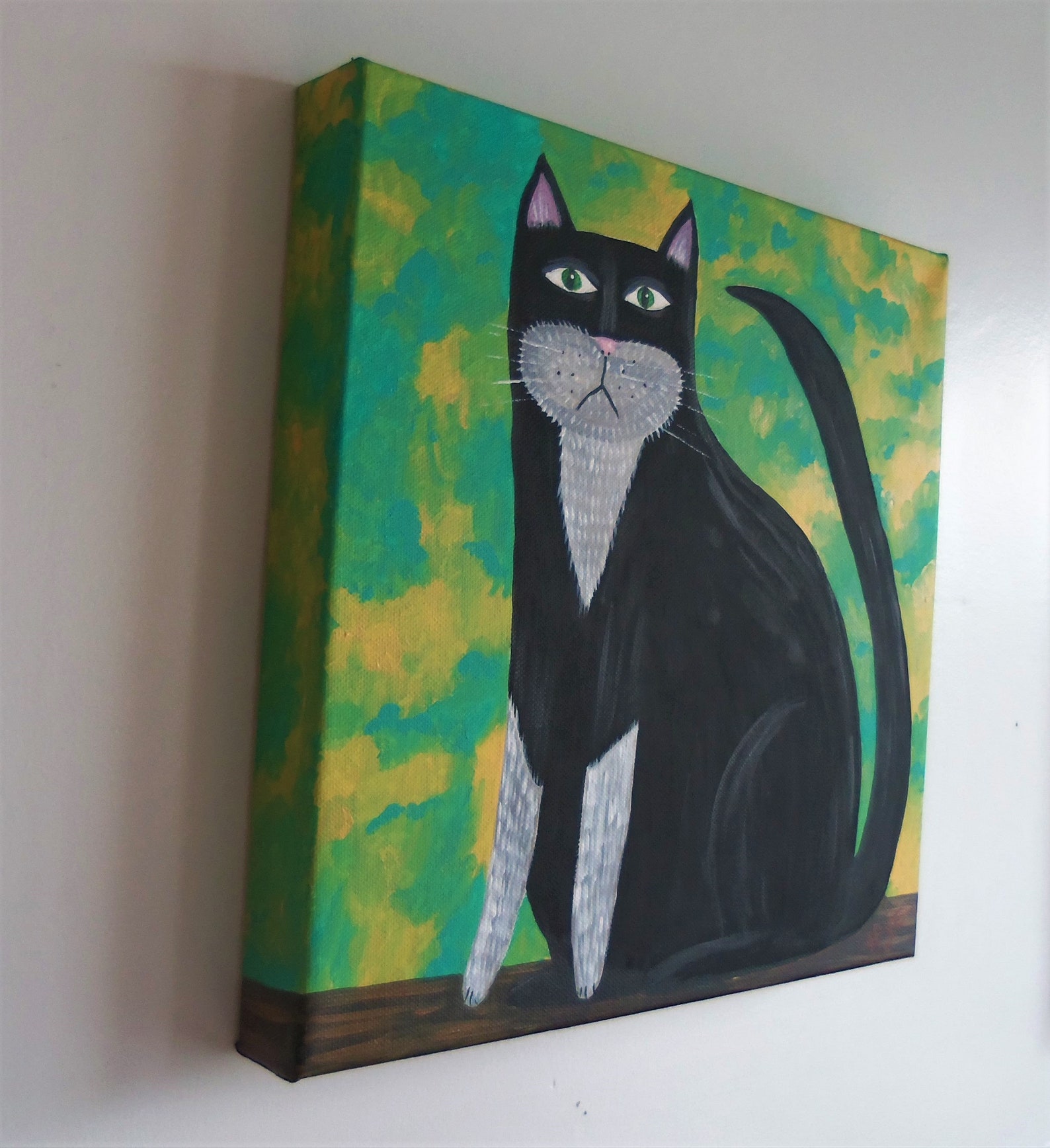 Cat painting Cat folk art Primitive Cat decor 12x12x1.25 | Etsy