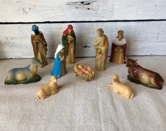 Nativity Set made in Hong Kong by Art Plastics 10 Piece Christmas Nativity 1950s