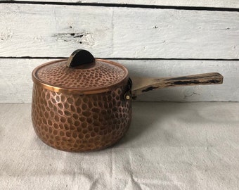 Vintage Copper Saucepan with Lid - Hammered Copper Covered Pan With Handle -