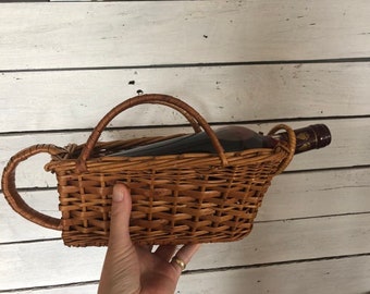 Porte-bouteille de vin tissé à la main en chêne fendu, présentoir bohème vintage années 70 pour panier en osier