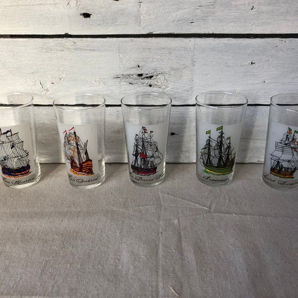 Vintage Set Of 5 Nautical Glasses / Tumblers - Luminarc France - Ship Highball Glasses - Whiskey Glassware - Nautical Barware