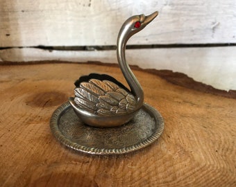 Vintage Ring Tree  Swan Jewelry Holder with Intricately Designed Tray  Silver Tone Swan jewelry dish  Dressing Table decor