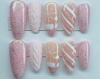 Rosa Weihnachtspressen-Ons | Handbemalte Press-Ons Nägel