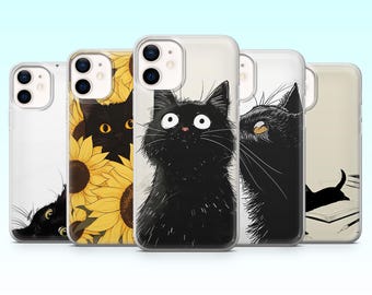 Black Cat Phone Case Cute Kawaii Cat Cover for iPhone 17Pro, 16, 15, 14, 13, 12, Samsung S25, S24, S23Fe, S22, A16, A26, A56, Pixel 10, 9Pro