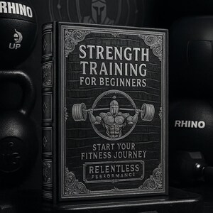 Może przedstawiać: Czarna książka zatytułowana "Strength Training for Beginners" ze srebrnymi literami i ilustracją sztangisty. Książka otoczona jest czarnym sprzętem fitness, w tym piłką lekarską i kettlebellami. Okładka książki zawiera również napisy "Start Your Fitness Journey" i "Relentless Performance".