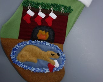 Dog Christmas Stocking--"Mischievous Pup by Fire"