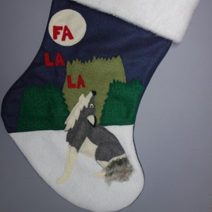 Wolf Felt Christmas Stocking--"Caroling at the Moon"