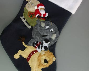 Lion, Elephant and Zebra Christmas Stocking--"Santa's Safari Sleigh"