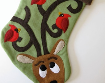 Reindeer with Birds Christmas Stocking--"Perfect Perch"