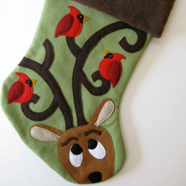 Reindeer with Birds Christmas Stocking--"Perfect Perch"