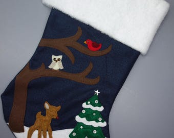 Handmade Felt Christmas Stocking: Deer & Forest Scene, Personalized