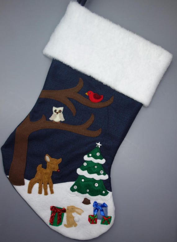 Handmade Felt Christmas Stocking: Deer & Forest Scene, Personalized
