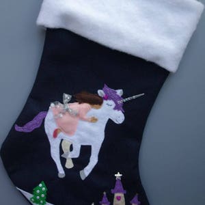 Unicorn Princess Felt Christmas Stocking--"Magical Midnight Unicorn Ride"