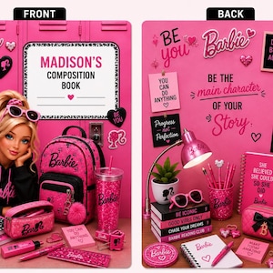 Peut inclure: Un ensemble de fournitures scolaires sur le th&egrave;me Barbie comprenant un cahier intitul&eacute; Madison's Composition Book, un sac &agrave; dos rose, un gobelet, une trousse et de la papeterie. Le design pr&eacute;sente des casiers roses, du texte et la marque Barbie.