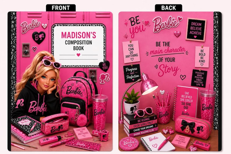 Peut inclure: Un ensemble de fournitures scolaires sur le th&egrave;me Barbie comprenant un cahier intitul&eacute; Madison's Composition Book, un sac &agrave; dos rose, un gobelet, une trousse et de la papeterie. Le design pr&eacute;sente des casiers roses, du texte et la marque Barbie.