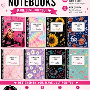 May include: A collection of eight customized composition notebooks with black marble-patterned spines. Each notebook features a unique cover design including Barbie, tie-dye, sunflowers, sports, pink marble, daisies, gaming, and rainbow icons with name labels.