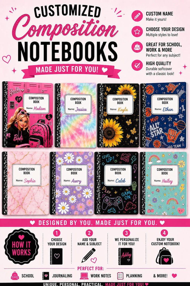 Peut inclure: Une collection de huit cahiers de composition personnalis&eacute;s avec des dos &agrave; motif marbr&eacute; noir. Chaque cahier pr&eacute;sente un design de couverture unique incluant Barbie, tie-dye, tournesols, sport, marbre rose, marguerites, jeux et ic&ocirc;nes arc-en-ciel.