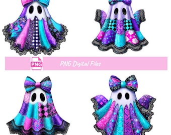 Può includere: Quattro illustrazioni di fantasmi colorati con disegni patchwork e fiocchi. Ogni fantasma ha un viso bianco con due occhi ovali neri. I fantasmi sono decorati con tessuti rosa, viola e turchese. Il testo "PNG Digital Files" è visualizzato.