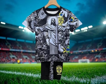 Brazil x Jesus Christ Redeemer Jersey – Black & White Brazil Soccer Shirt | Kids Jersey Brazil | Personalization Possible | Shorts Included