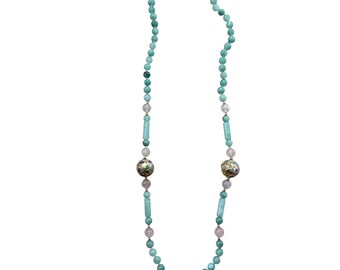 Vintage Amazonite Rose Quartz Cloisonne Bead Necklace Floral 26" Green Pink Gold