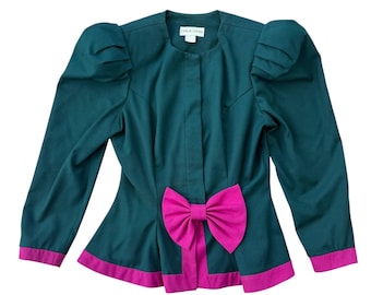 Leslie Lucks Avantgarde Puff Ärmel Schleife Jacke Grün Rosa Schößchen Blazer S 80s