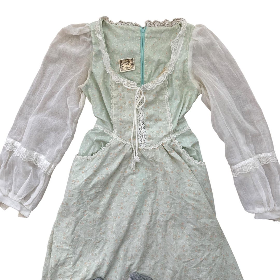 Gunne Sax Dress Women XS Mint Green Floral 70s Vintage Lace Trim ...