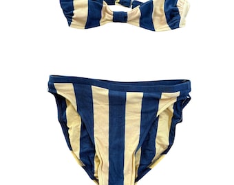Biquíni listrado vintage Jantzen anos 70, cintura alta, modelo bandeau, azul e amarelo, tamanho XS