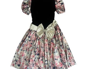 Vintage 50s Velvet Metallic Floral Party Dress Gold Bow Small Black Pink Gold