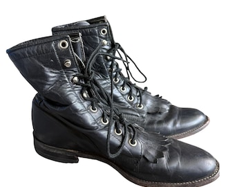 Justin fringe Lace Up Kiltie Roper Boots Vintage 90s Western USA Women 6 B Black