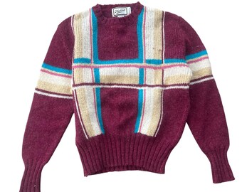 80s Merona Sport Icelandic Wool Sweater Geometric Stripe XL Maroon Vintage