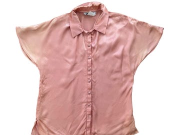 Prophecy vintage jaren 70 satijnen blouse met dolmanmouwen dichtgeknoopt top 10 perzikkleurige vleermuisvleugel