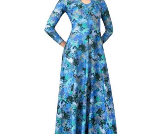 60s Robert David Morton Maxi Dress Geometric Keyhole Gown S Blue Vintage 70s
