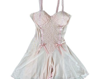 L'Intima Lace Bodysuit Teddy Sheer Mesh Babydoll Lingerie M Pink Vintage 90s