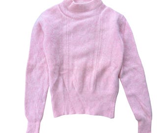 Vintage 60s Sample Angora Lambswool Sweater Fuzzy Mock Neck 32 Pink mohair