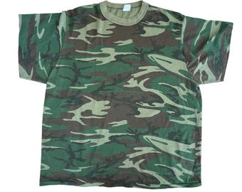 Vintage 80s Camo T-Shirt Military PFU PE Faded Single Stitch L Green Camouflage
